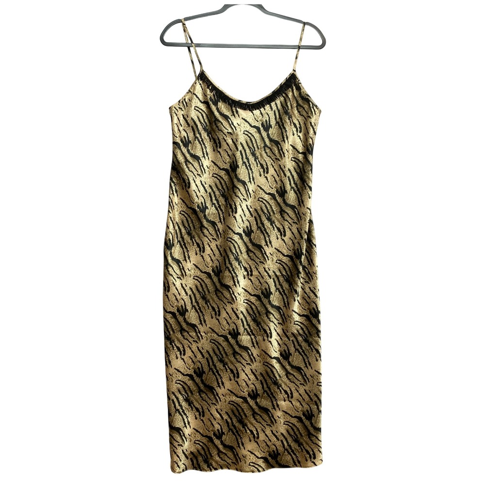 California Dynasty Slip Dress Womens Medium Gold Animal Print Fringe Trim Vtg